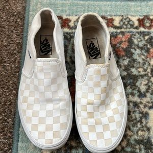 Women’s White Checkered Slip on Vans- size 8.5